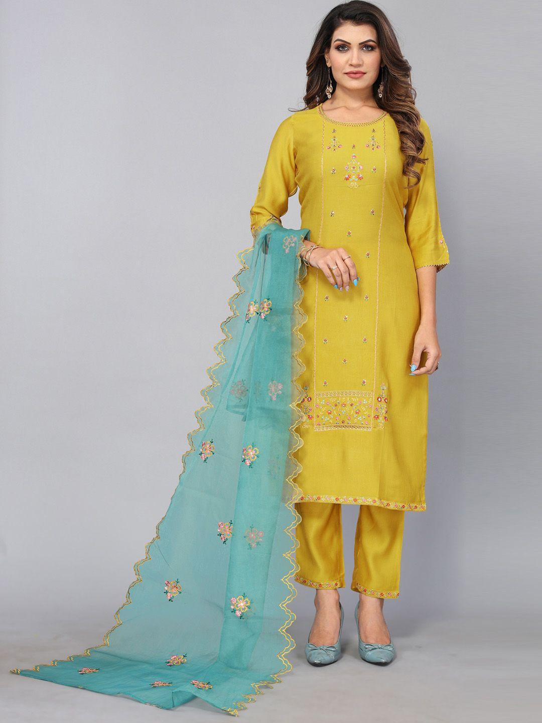 nimayaa women mustard yellow floral embroidered thread work kurta with trousers & dupatta