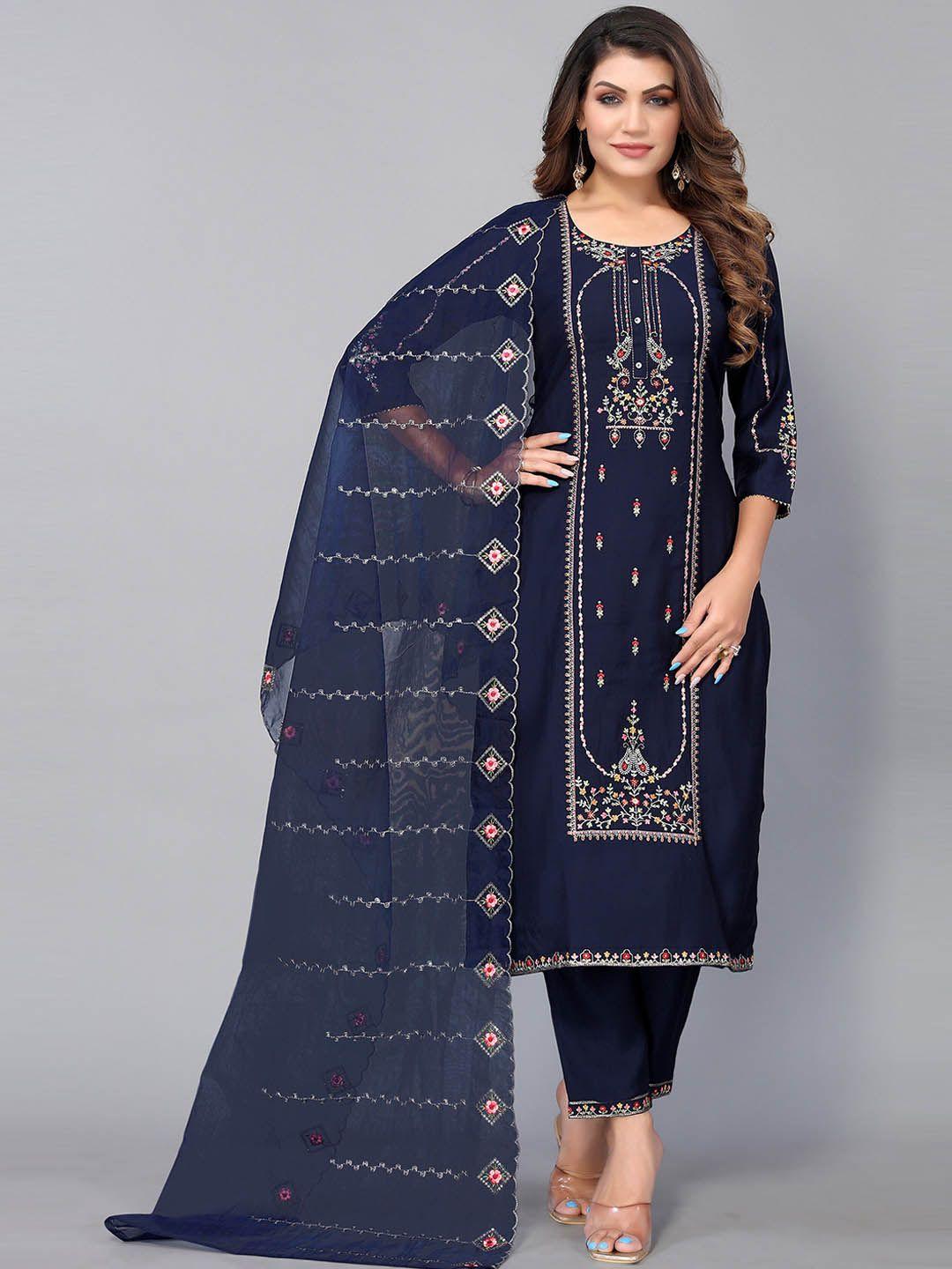 nimayaa women blue ethnic motifs embroidered kurta with trousers & dupatta