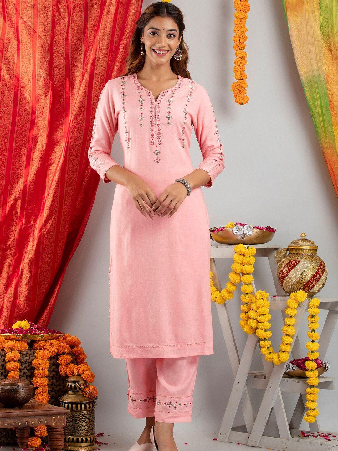 suti women pink ethnic motifs embroidered mirror work kurta with trousers