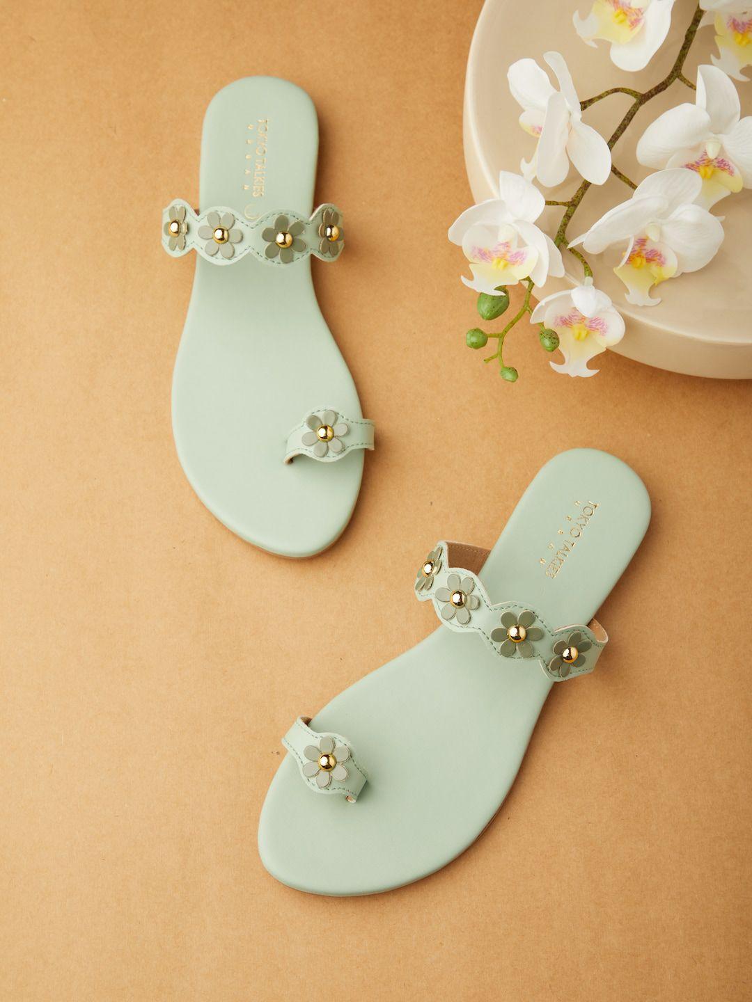 tokyo talkies women teal embellished one toe flats