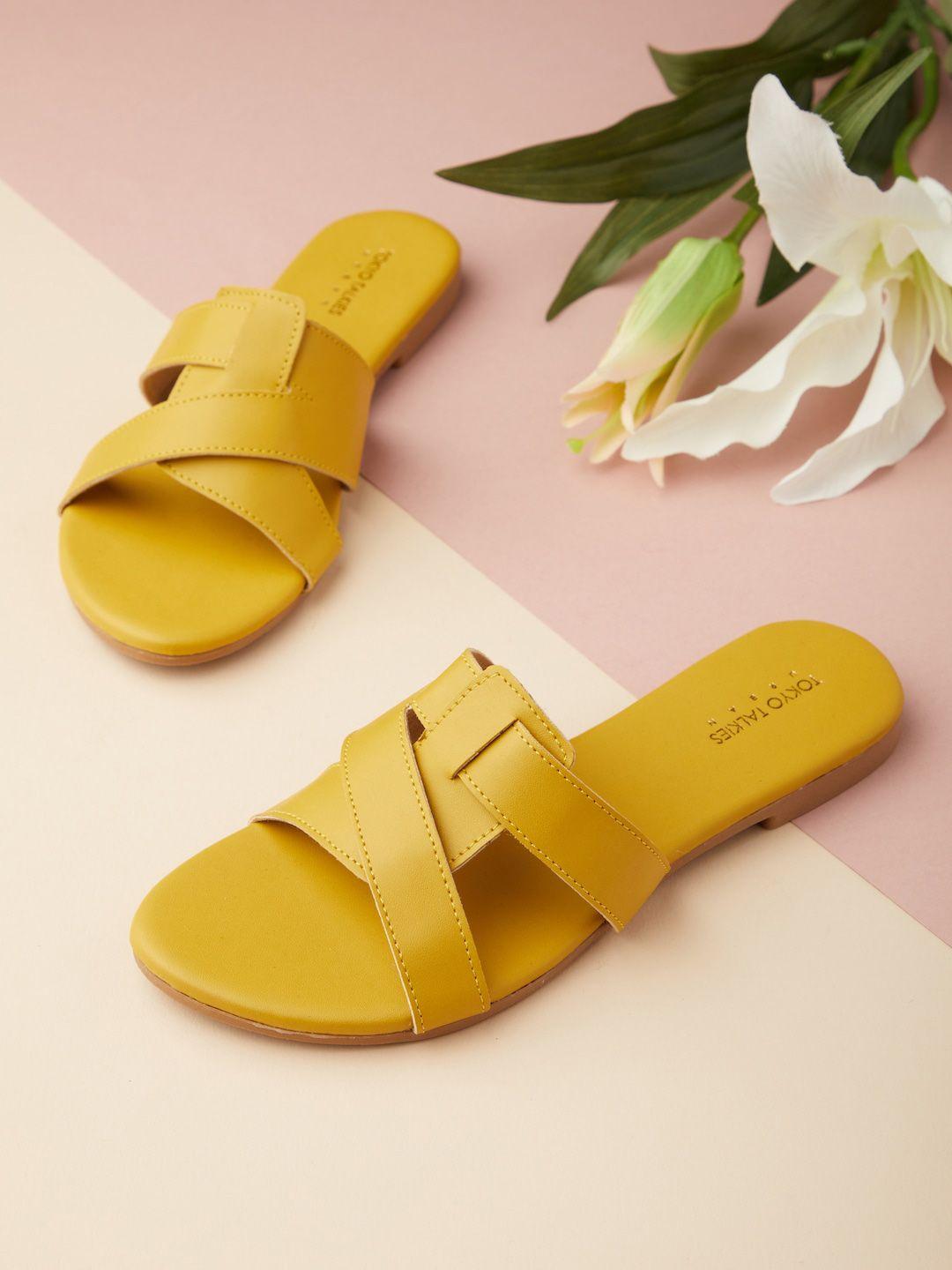 tokyo talkies women mustard yellow open toe flats