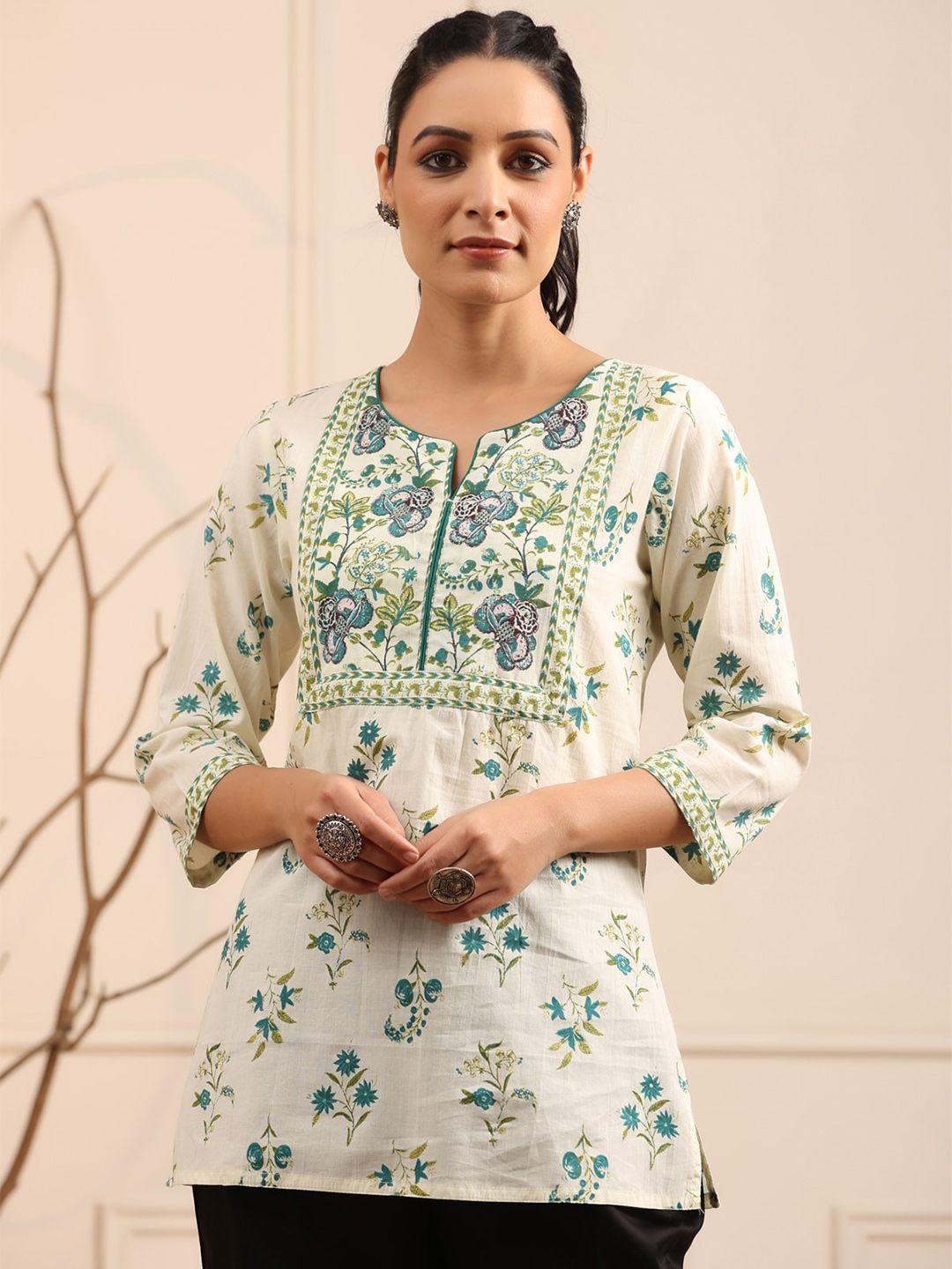 rain & rainbow cream-coloured & green floral printed pure cotton kurti