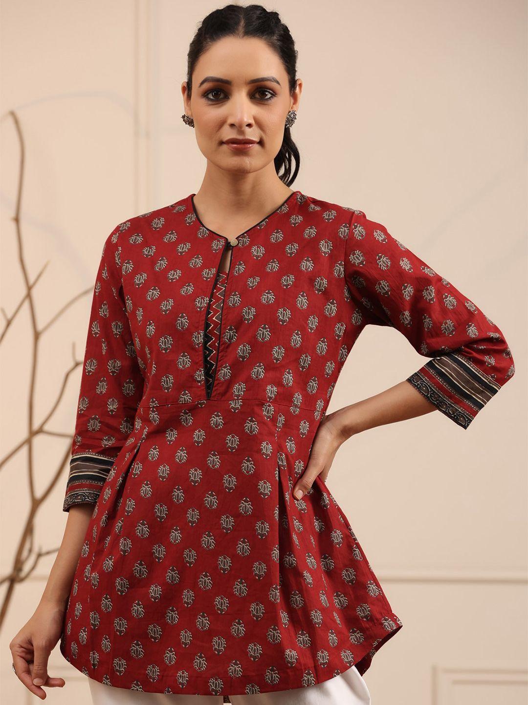 rain & rainbow maroon & black ethnic motifs printed pure cotton kurti