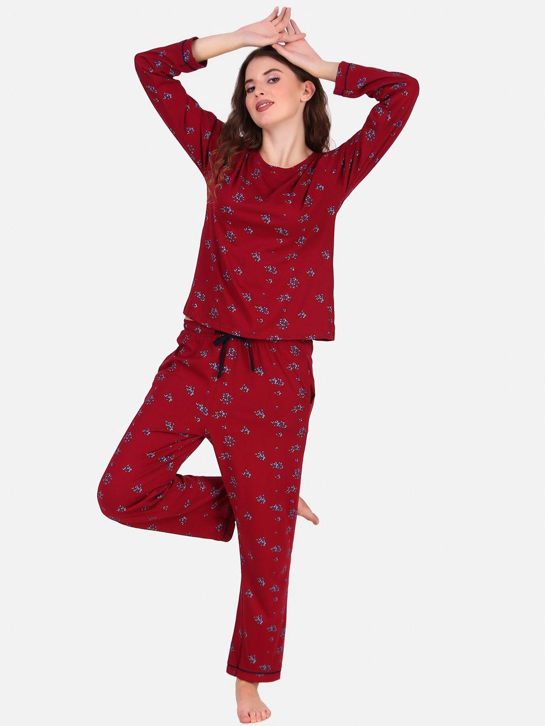 masha women maroon & blue printed pure cotton night suit