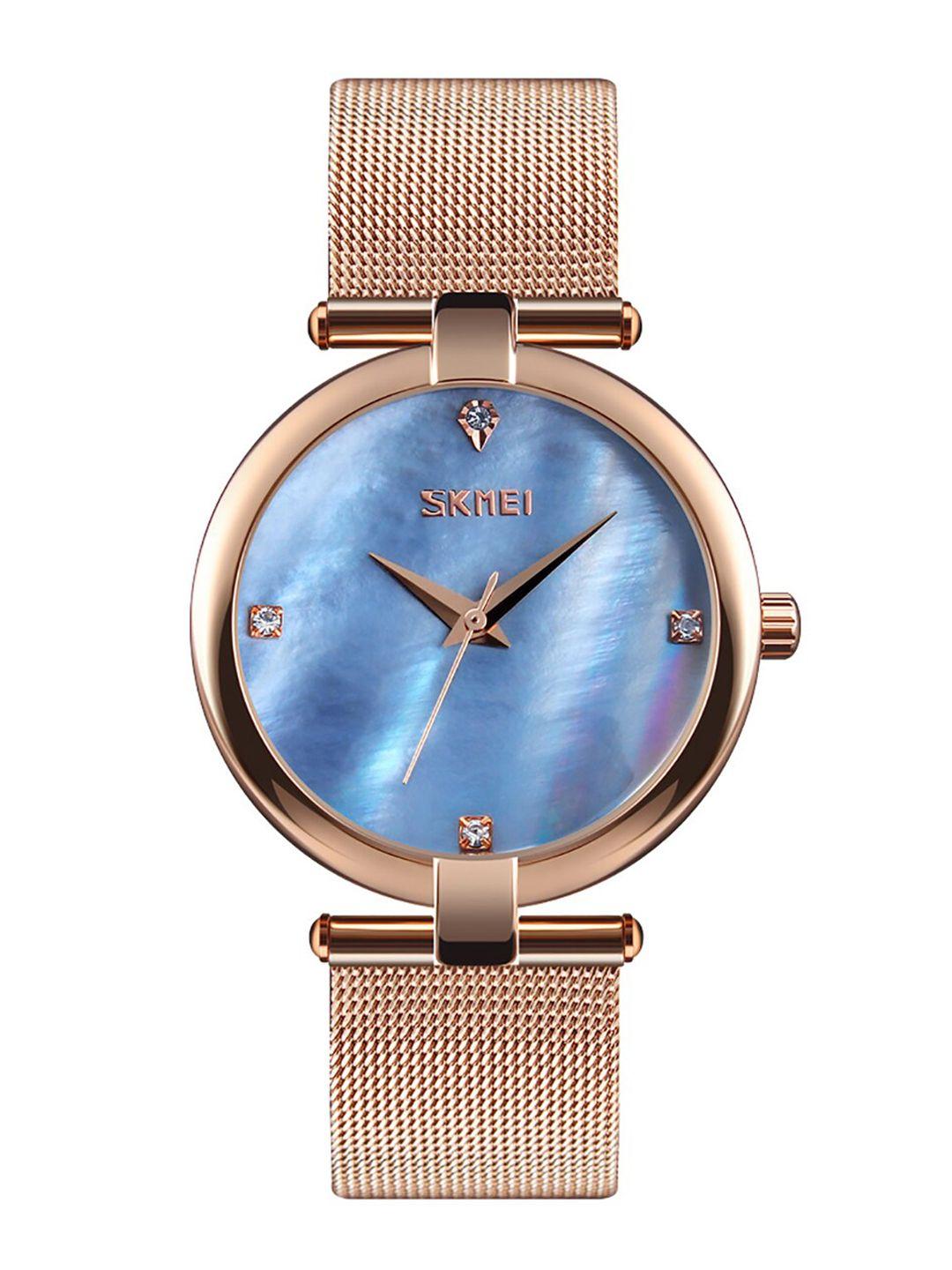 skmei women blue mother of pearl dial & rose gold-plated analogue watch skmei9177