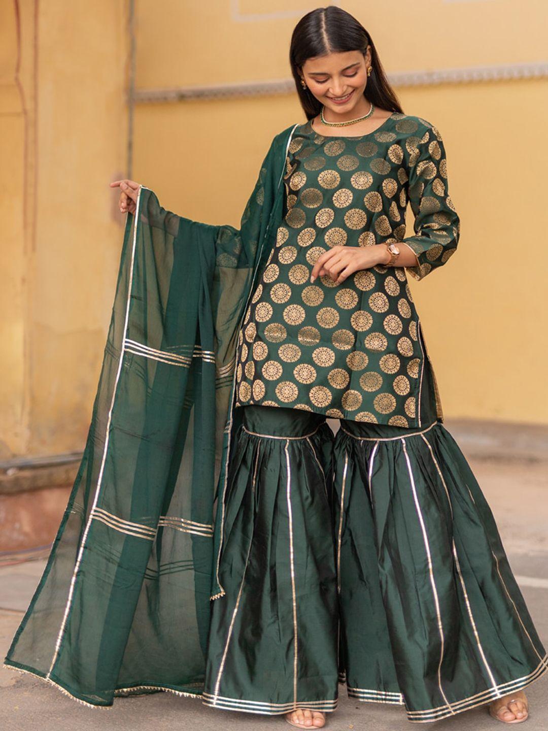 geroo jaipur women green kurta with sharara & with dupatta