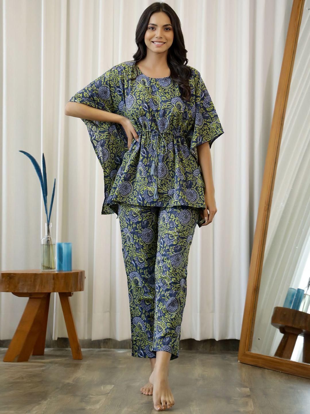 sanskrutihomes women navy blue & green printed pure cotton night suit