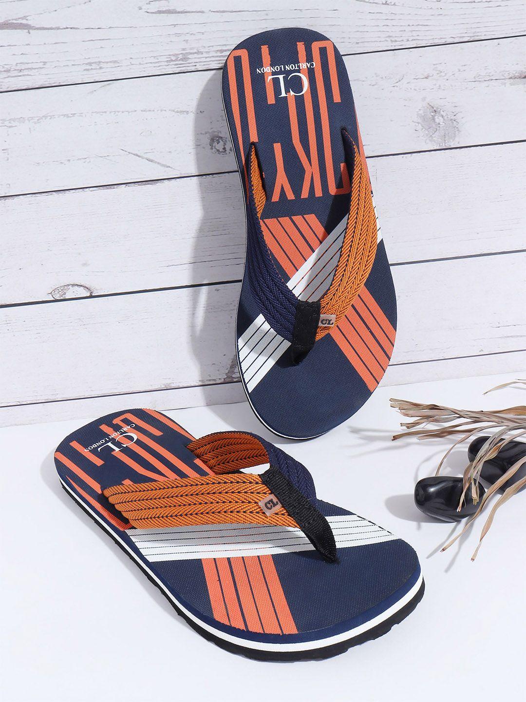 carlton london men navy blue & orange printed thong flip-flops