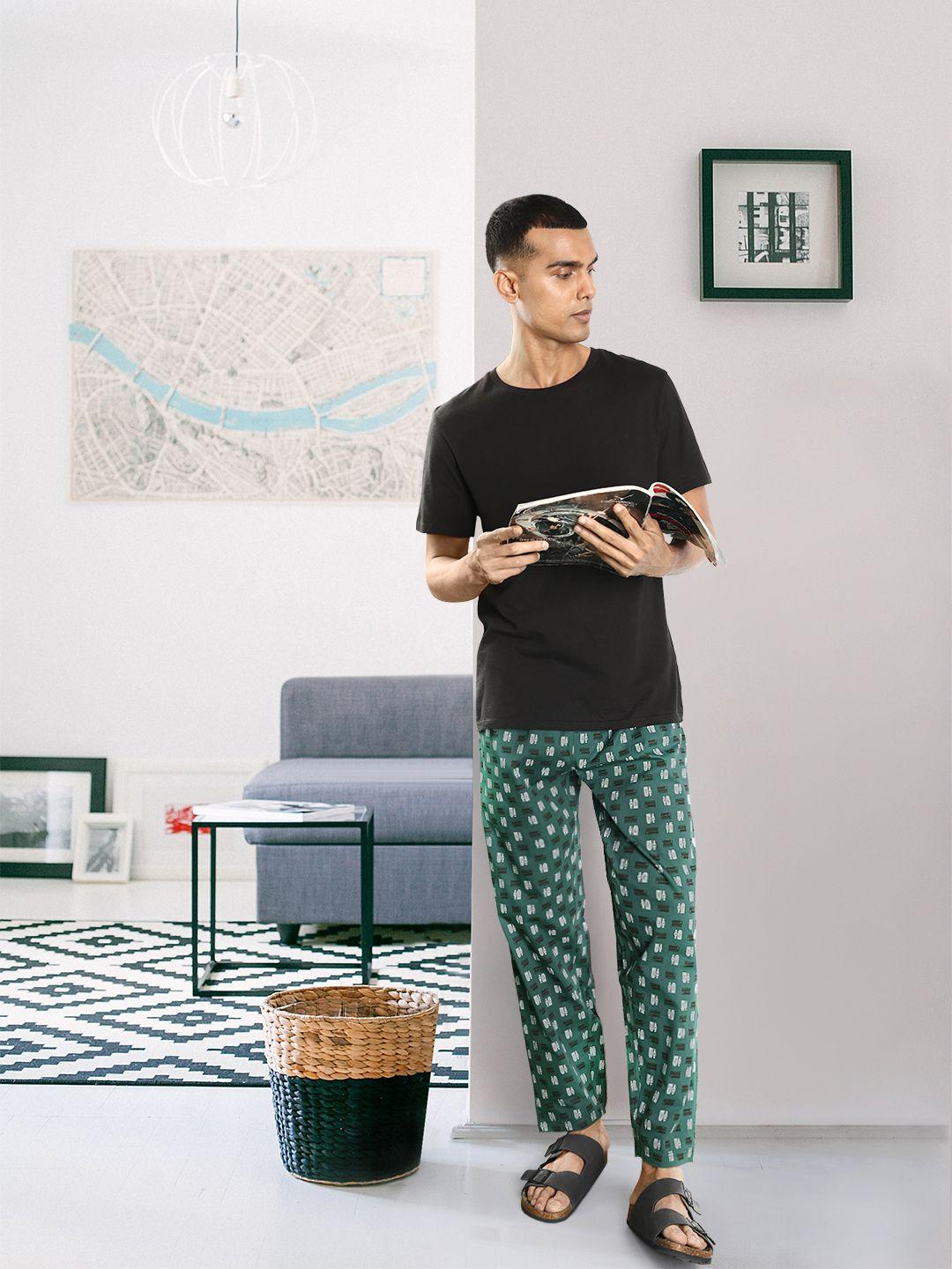 pepe jeans men green printed cotton lounge pants