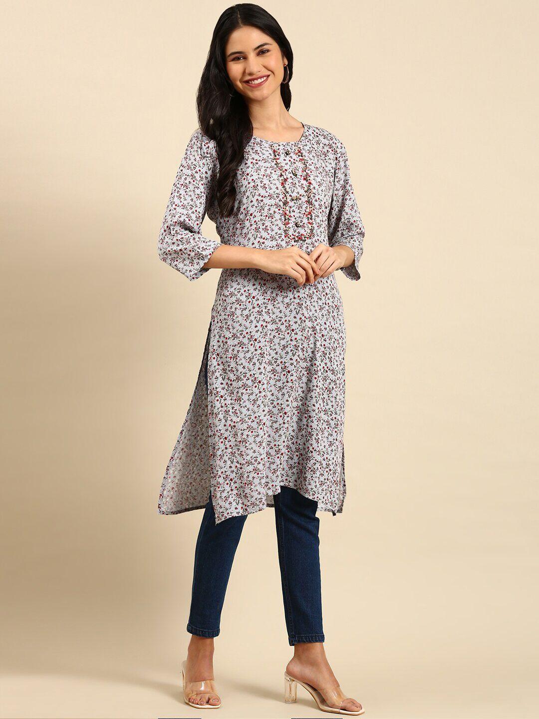 showoff women off white floral printed pastels kurta