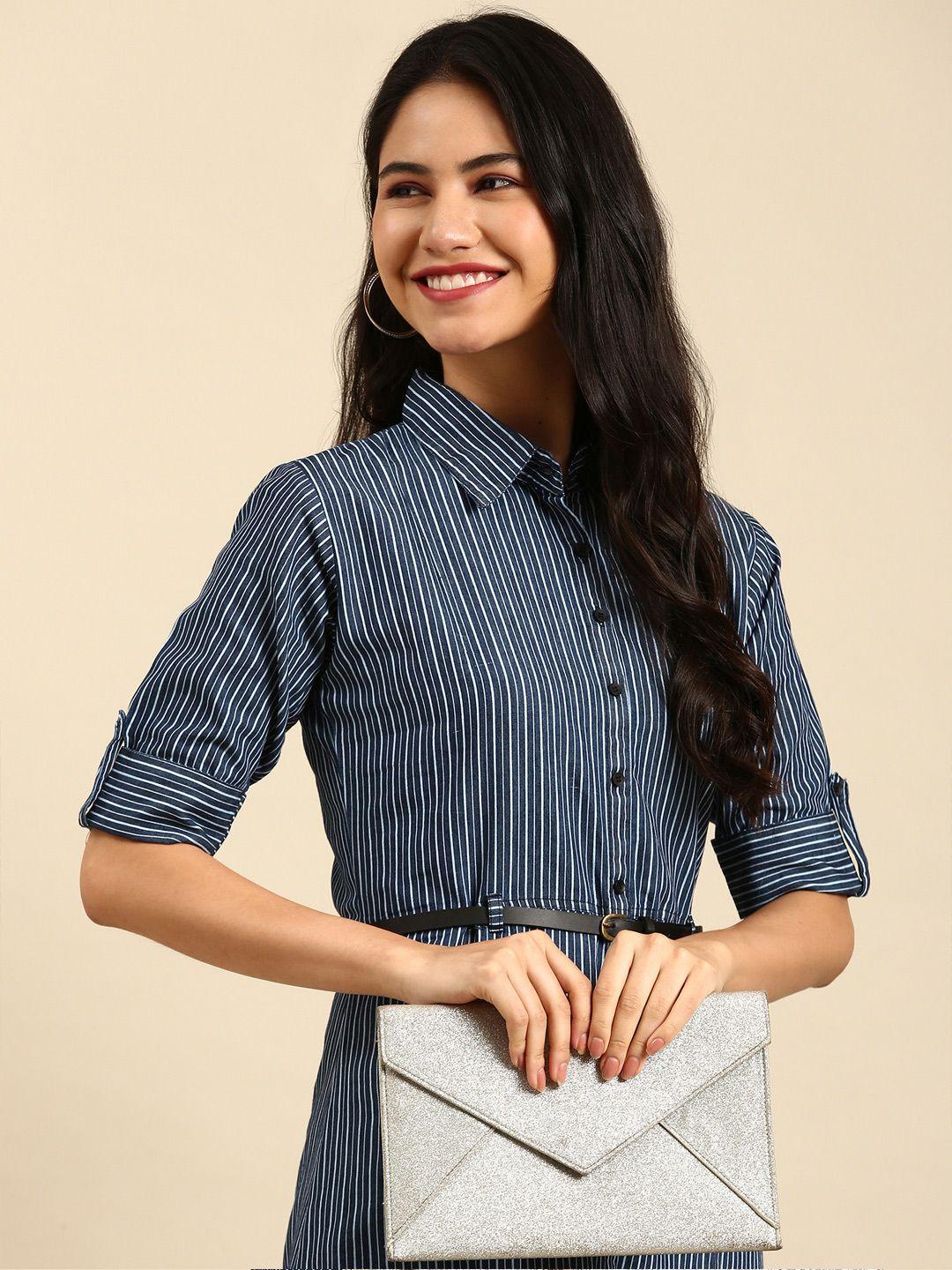 showoff women navy blue striped belted detail denim kurta