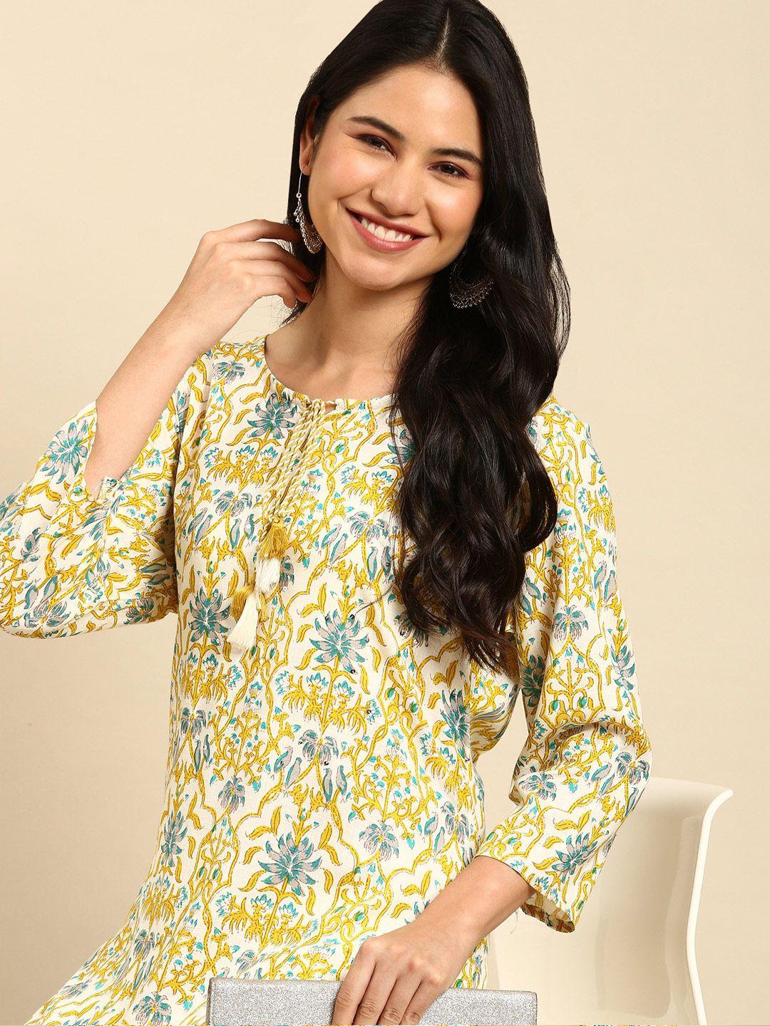 showoff floral printed tie-up neck kurta