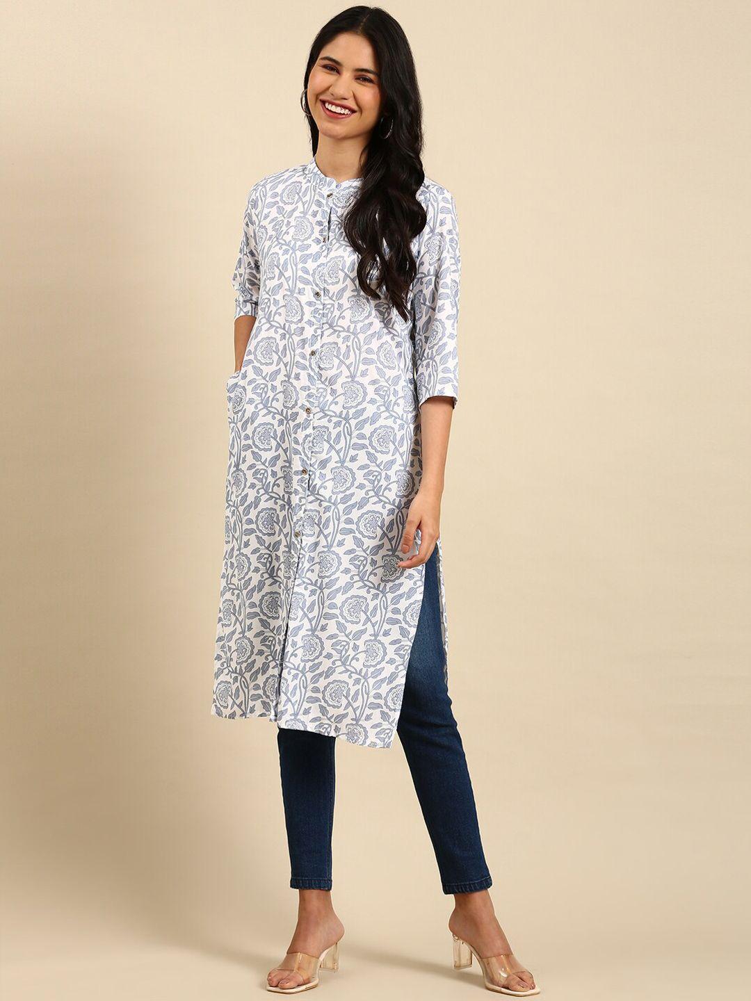 showoff women white floral printed cotton kurta