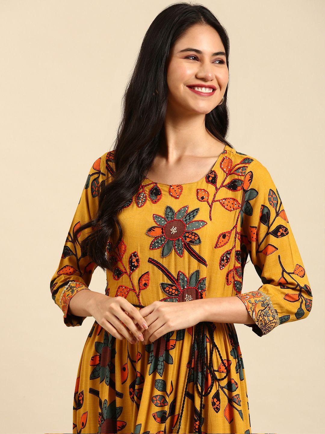 showoff mustard yellow floral printed belted detail anarkali cotton kurta