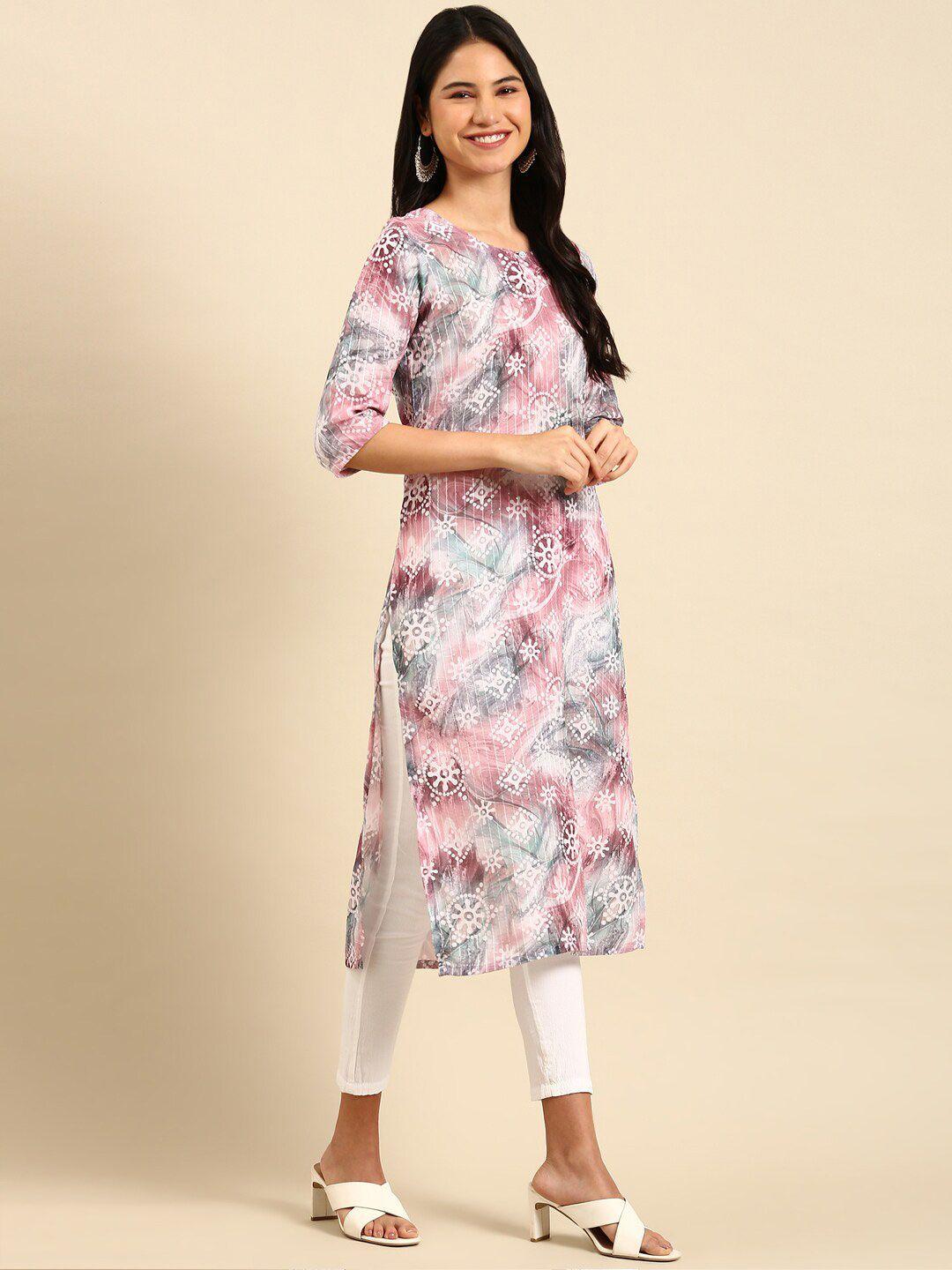 showoff  pink & white printed thread work pastels crepe kurta