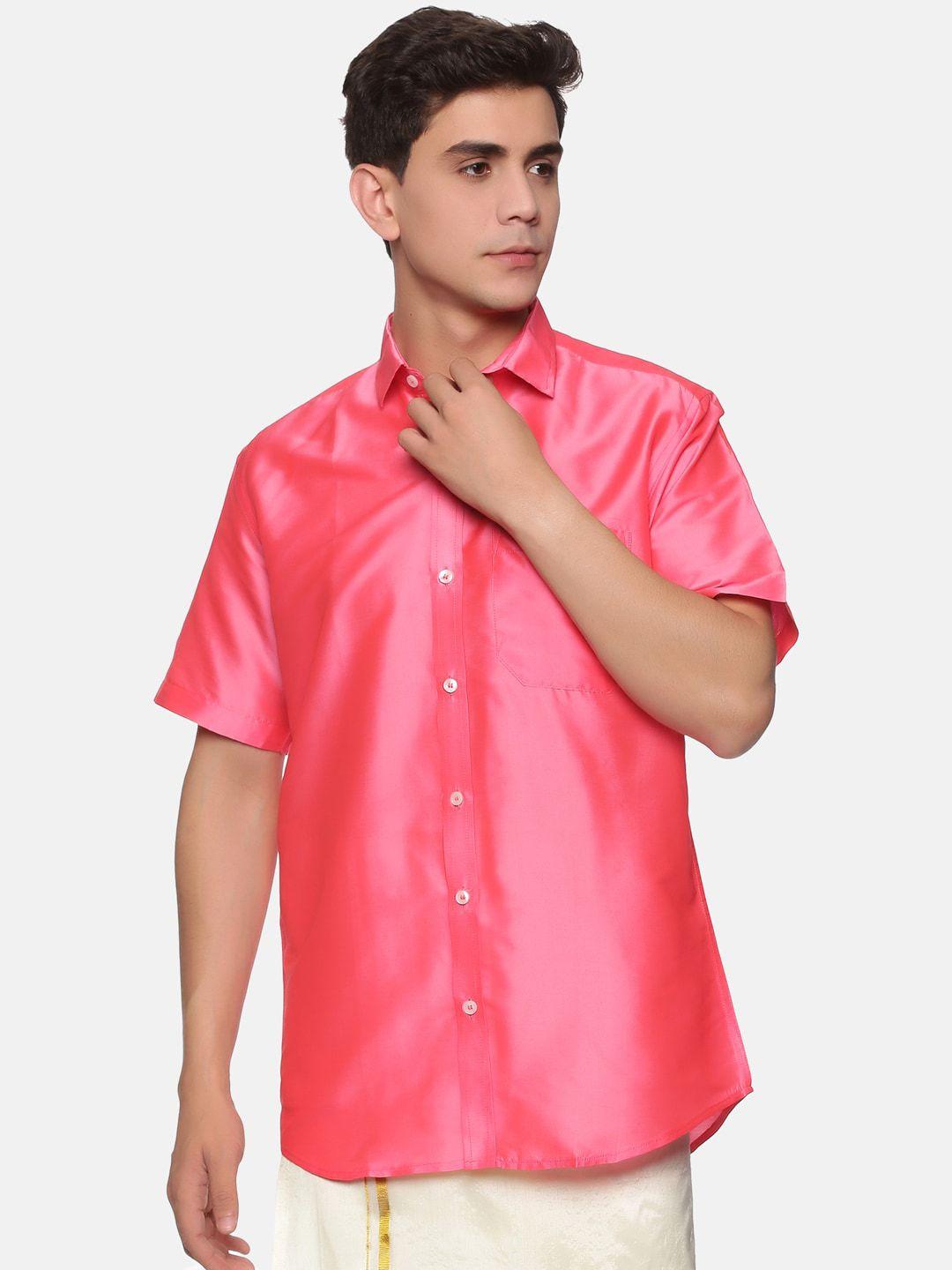 sethukrishna men pink silk standard casual shirt