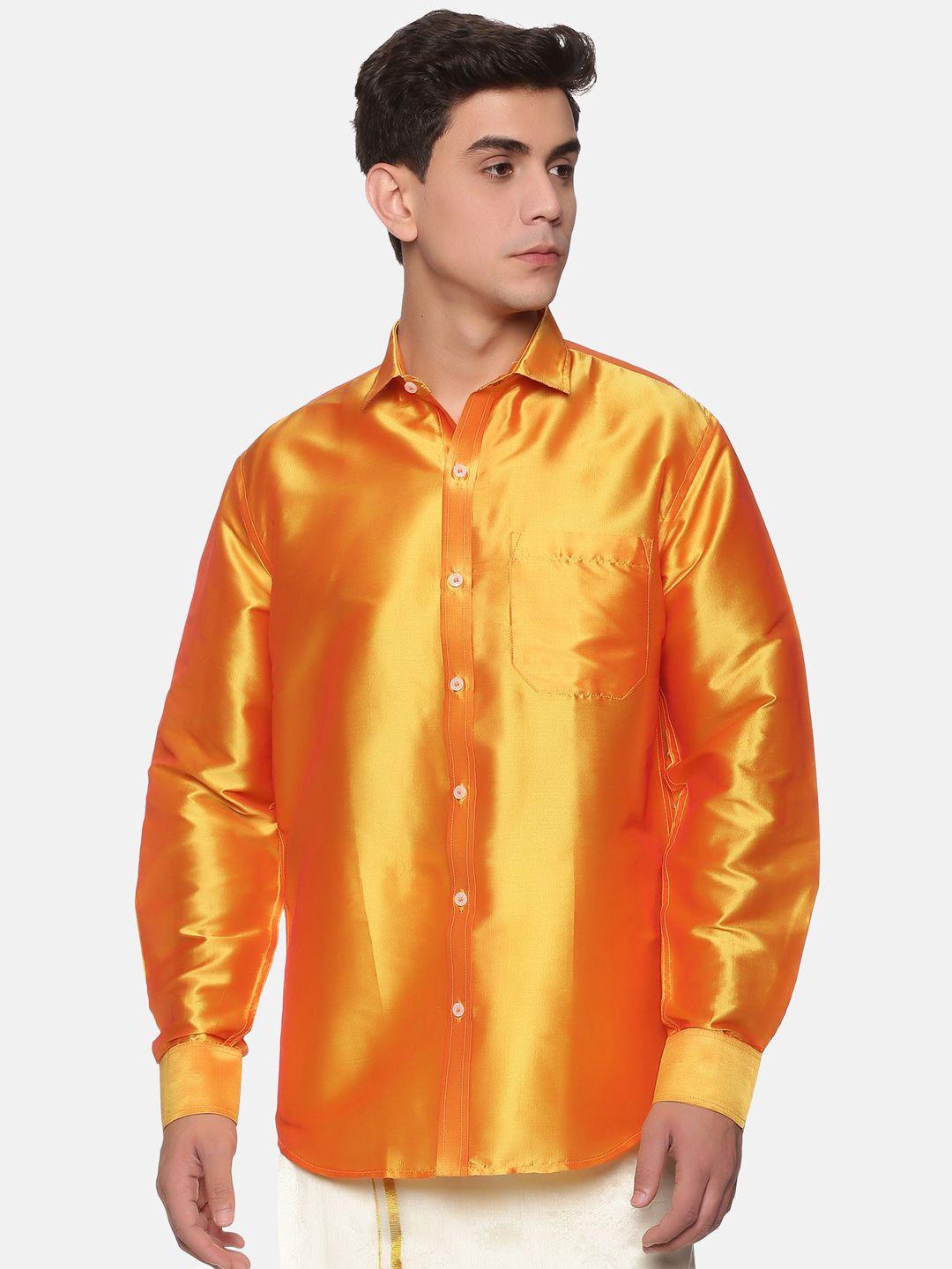 sethukrishna men orange silk standard casual shirt