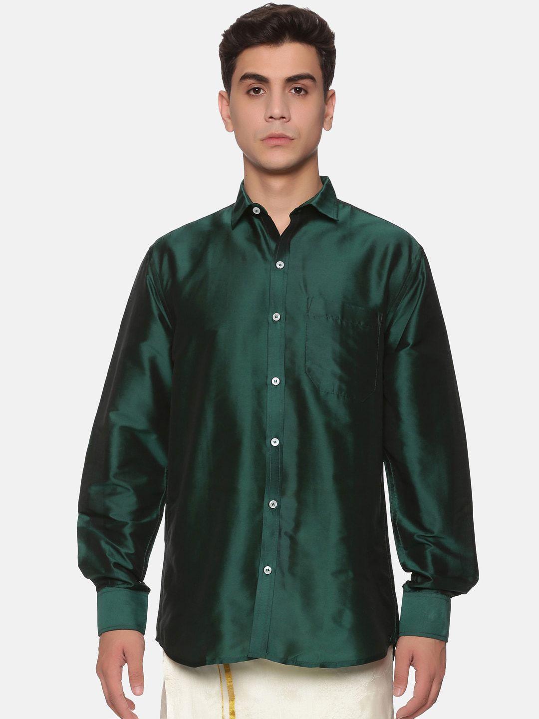 sethukrishna men green solid full sleeves standard silk shirt