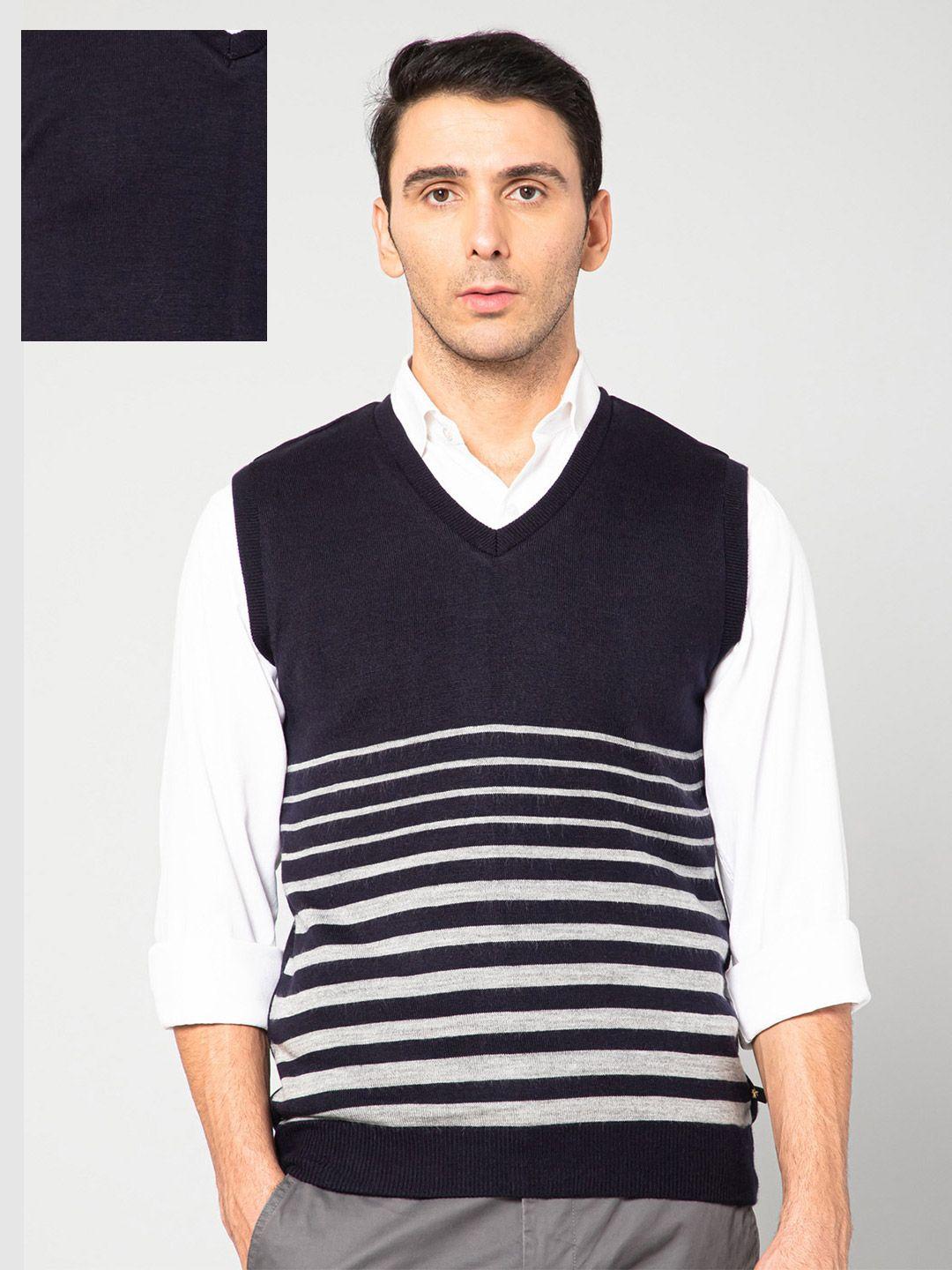 cantabil men navy blue & white reversible striped acrylic sweater vest