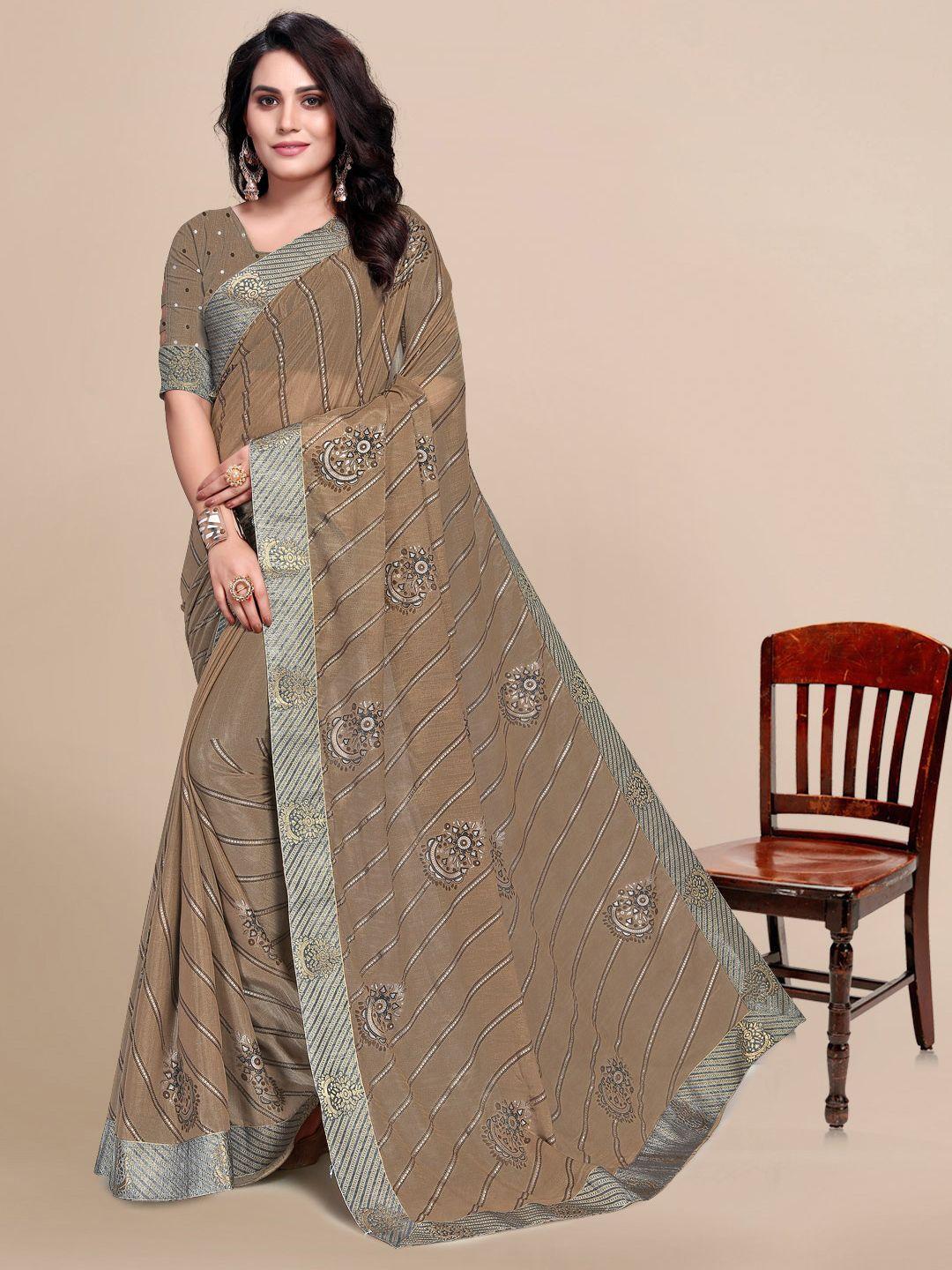 mitera khaki & gold-toned ethnic motifs pure chiffon saree