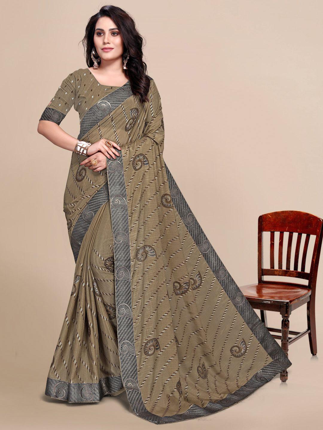 mitera olive green & grey ethnic motifs pure chiffon saree