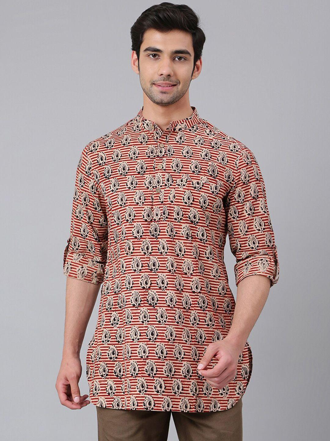 fabindia men ethnic motifs printed mandarin collar cotton kurta