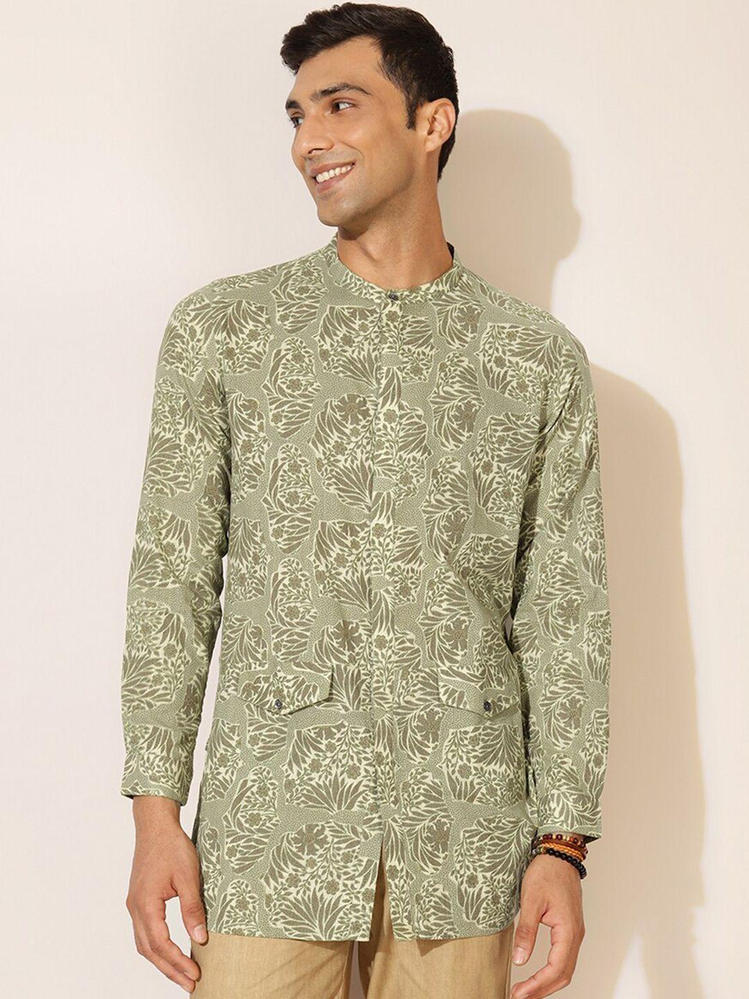 fabindia men green floral floral cotton kurta