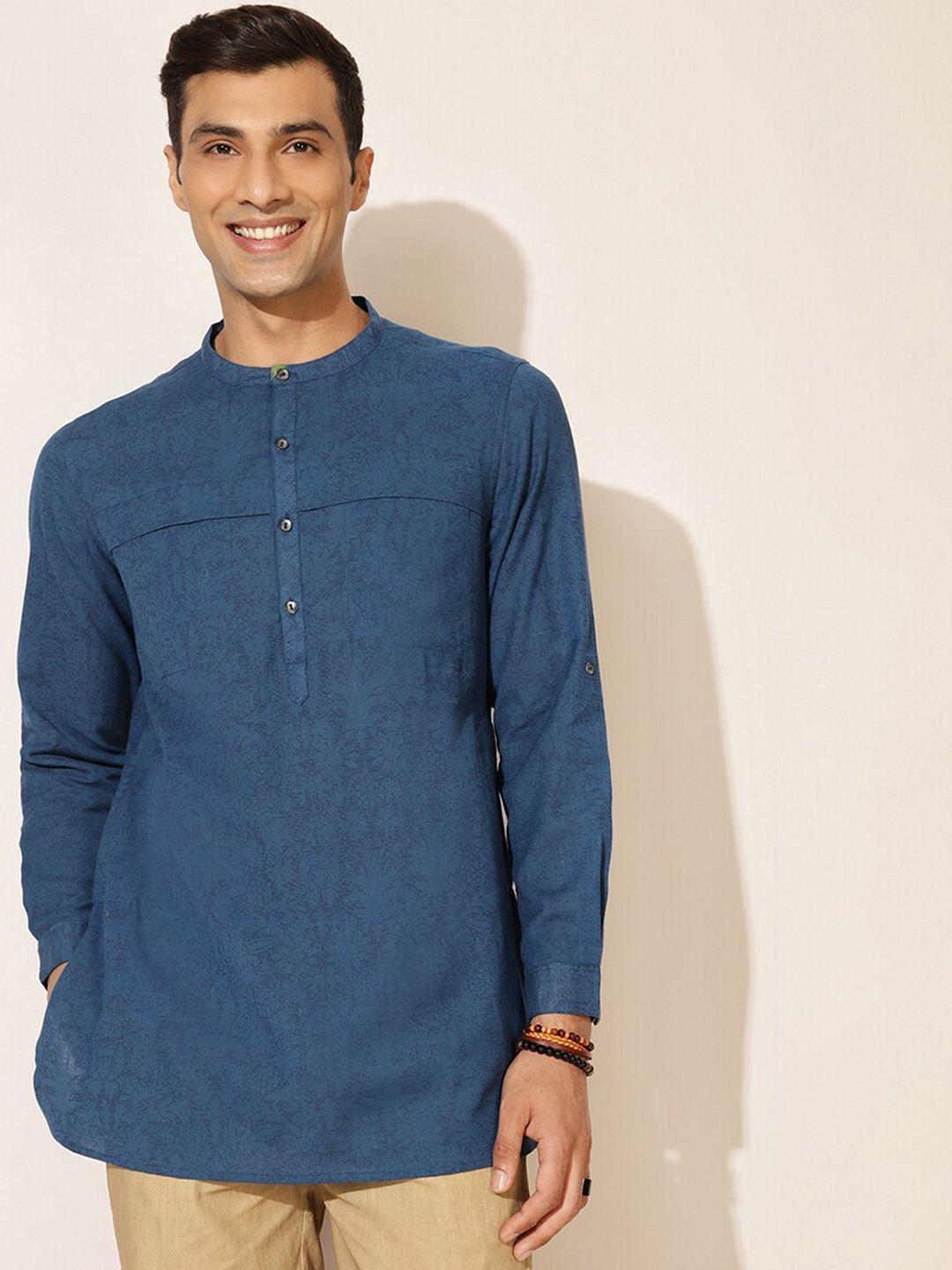 fabindia men navy blue mandarin collar cotton kurta