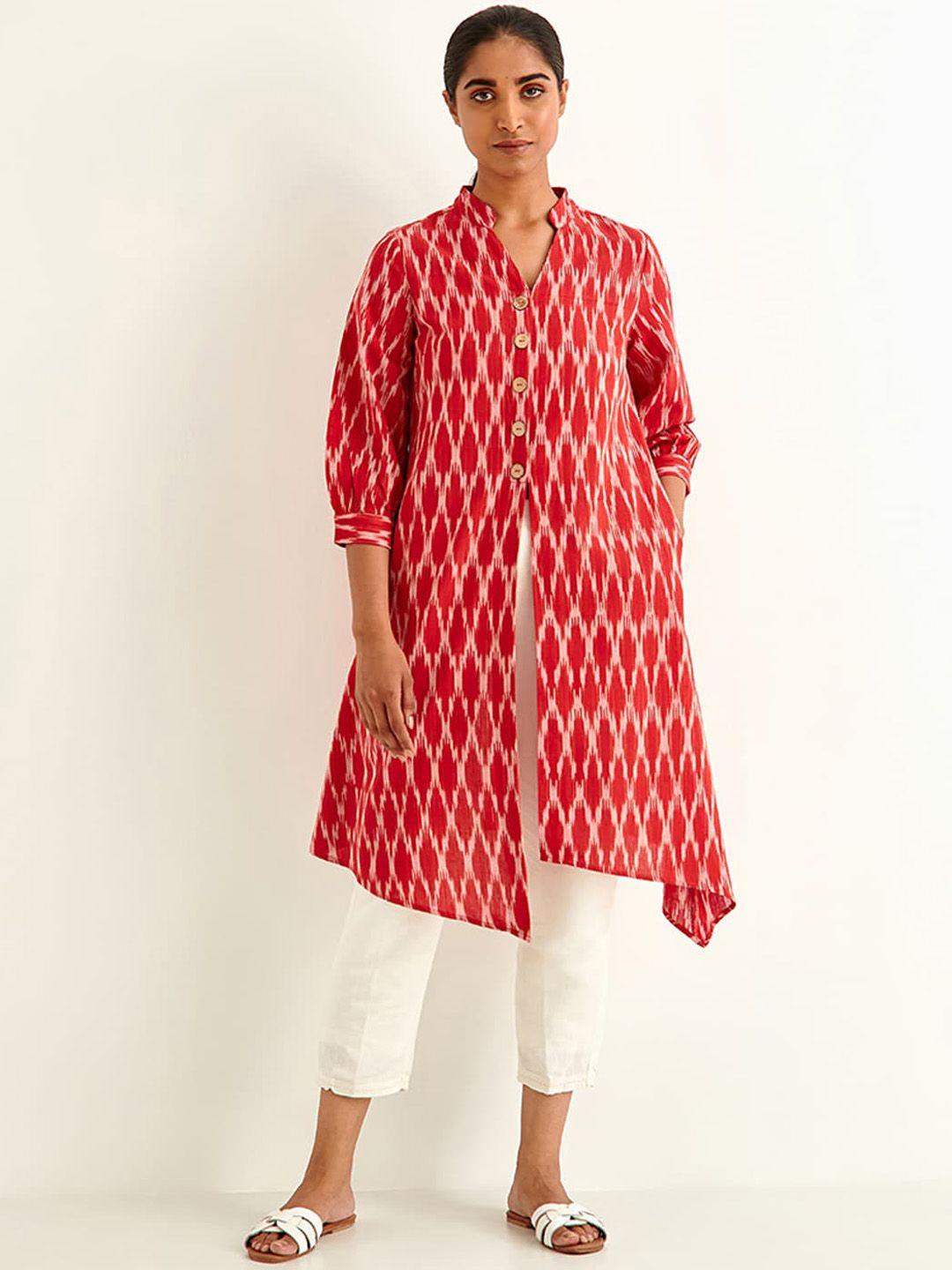 ancestry  high slit printed red cotton kurta