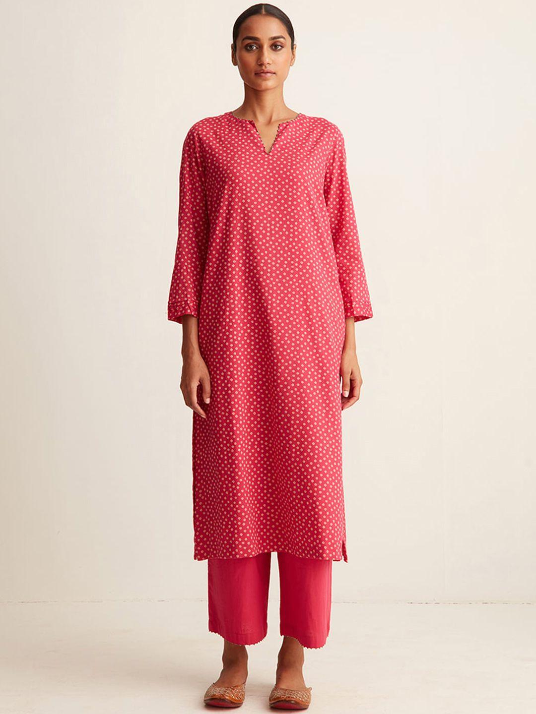 ancestry pink geometric printed cotton v-neck kurta