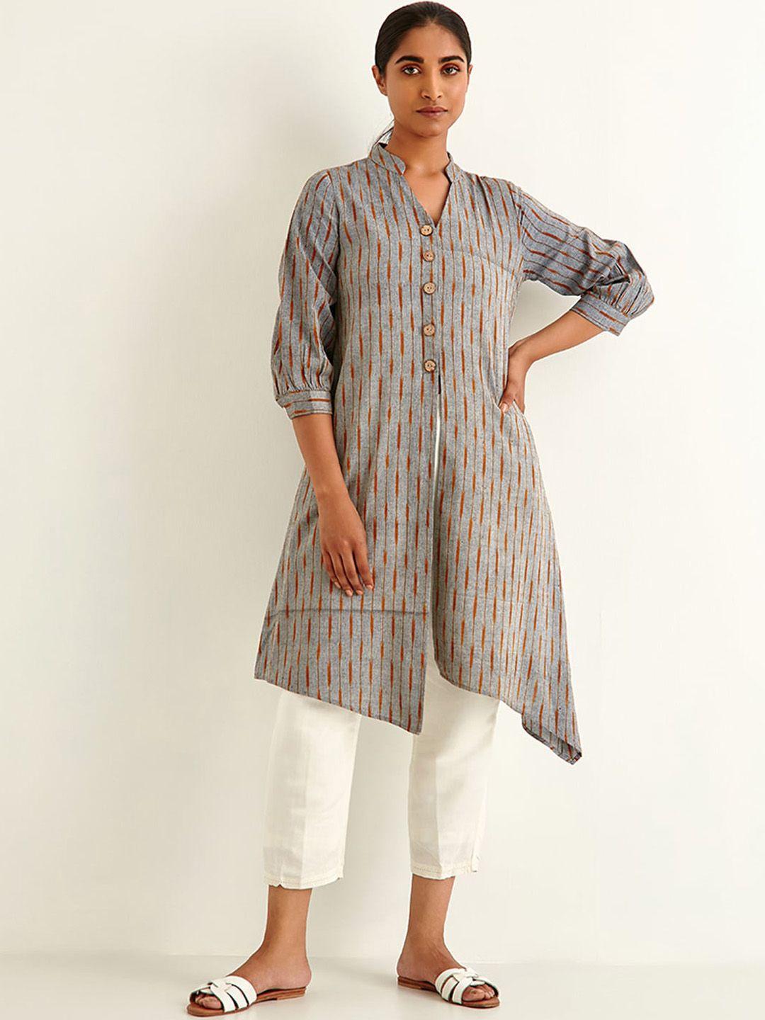 ancestry grey striped high slit cotton kurta