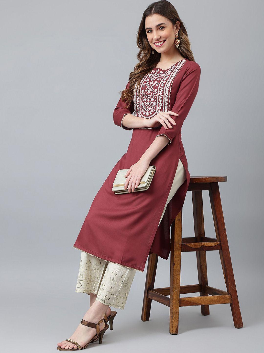 khushal k women burgundy yoke design kurta