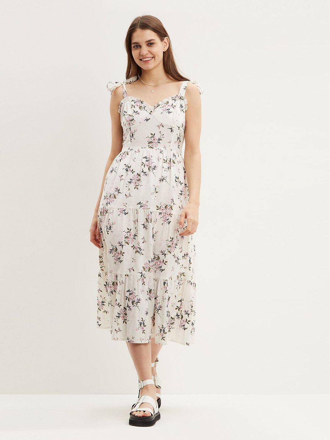 dorothy perkins white & pink floral printed tiered corset style a-line midi dress