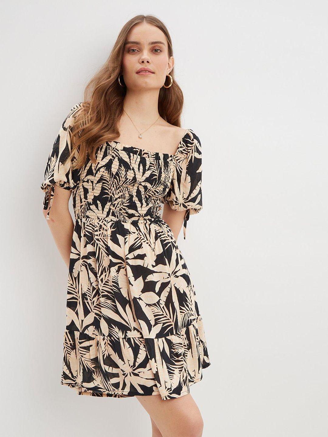 dorothy perkins black & beige tropical print smocked a-line mini dress