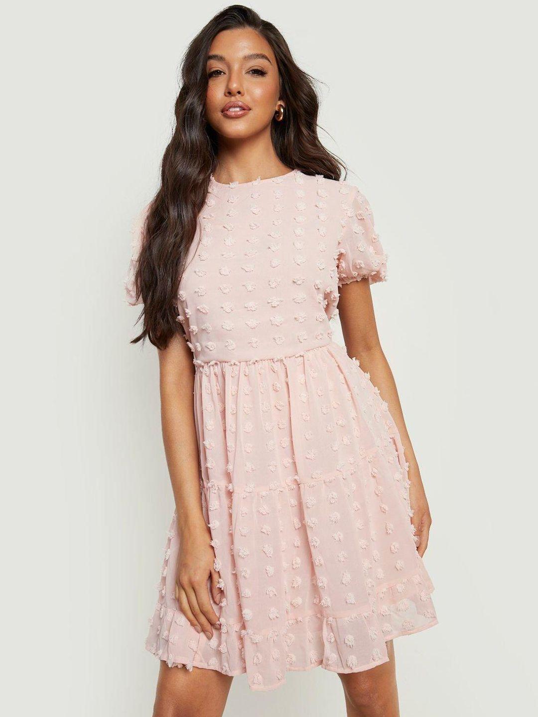 boohoo pink dobby weave smocked a-line dress