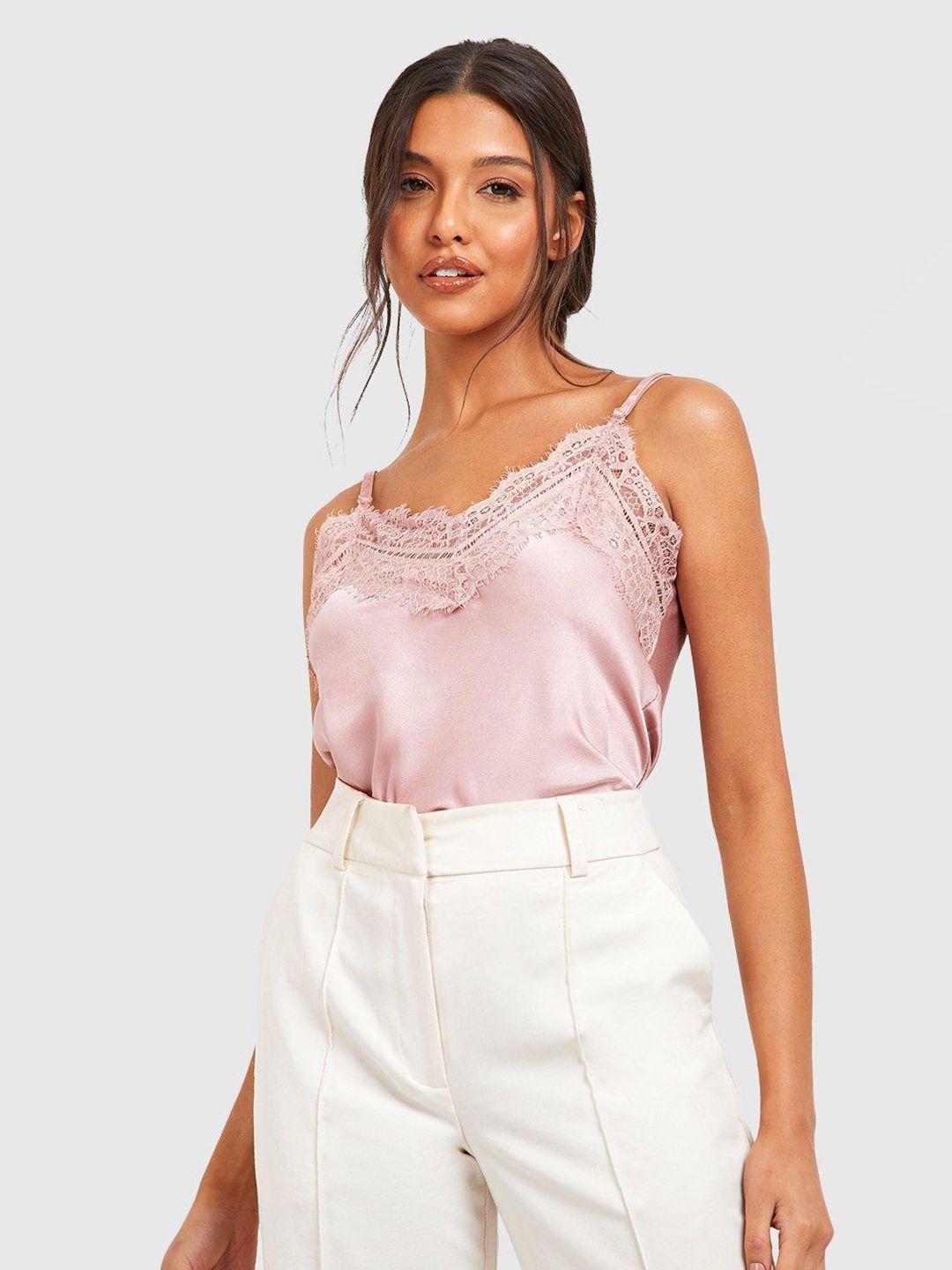 boohoo dusty pink lace detail satin finish top