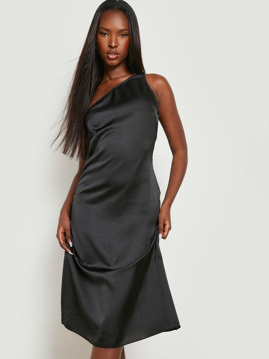 boohoo black one shoulder satin a-line midi dress