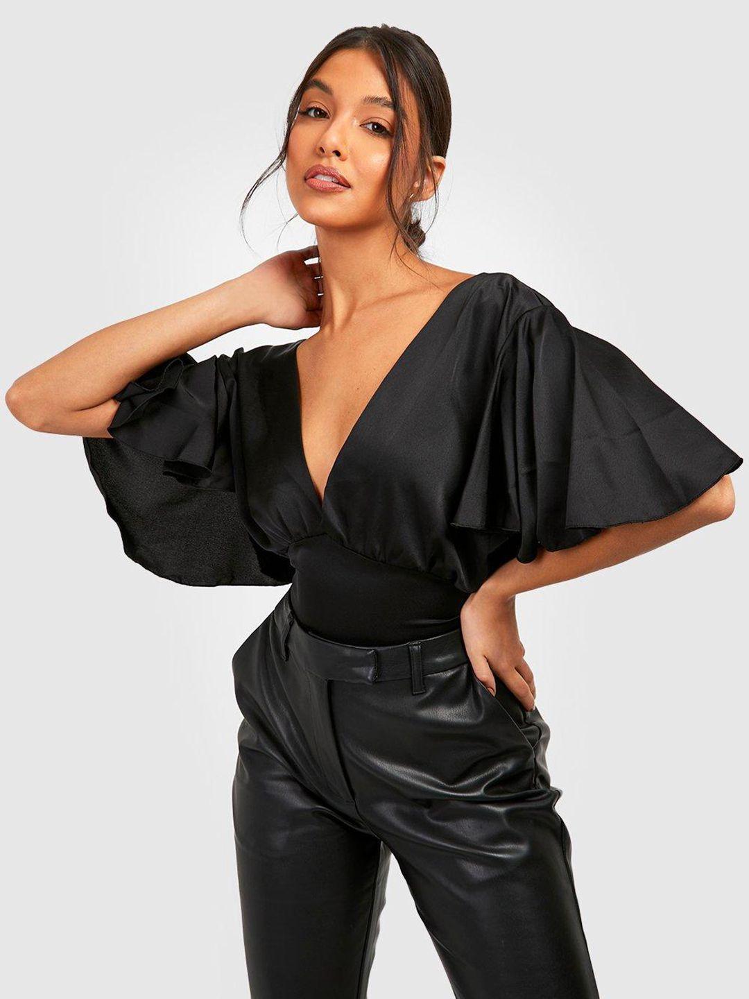 boohoo black plunge v-neck flutter sleeves top