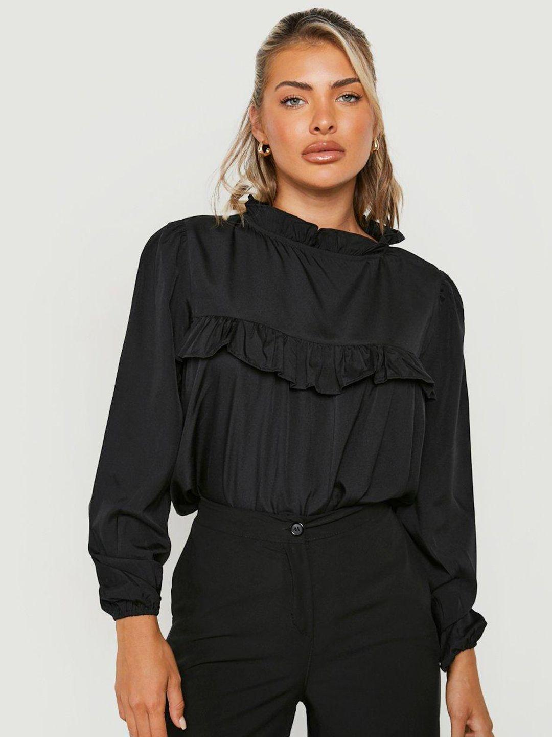 boohoo black mandarin collar ruffle detail top