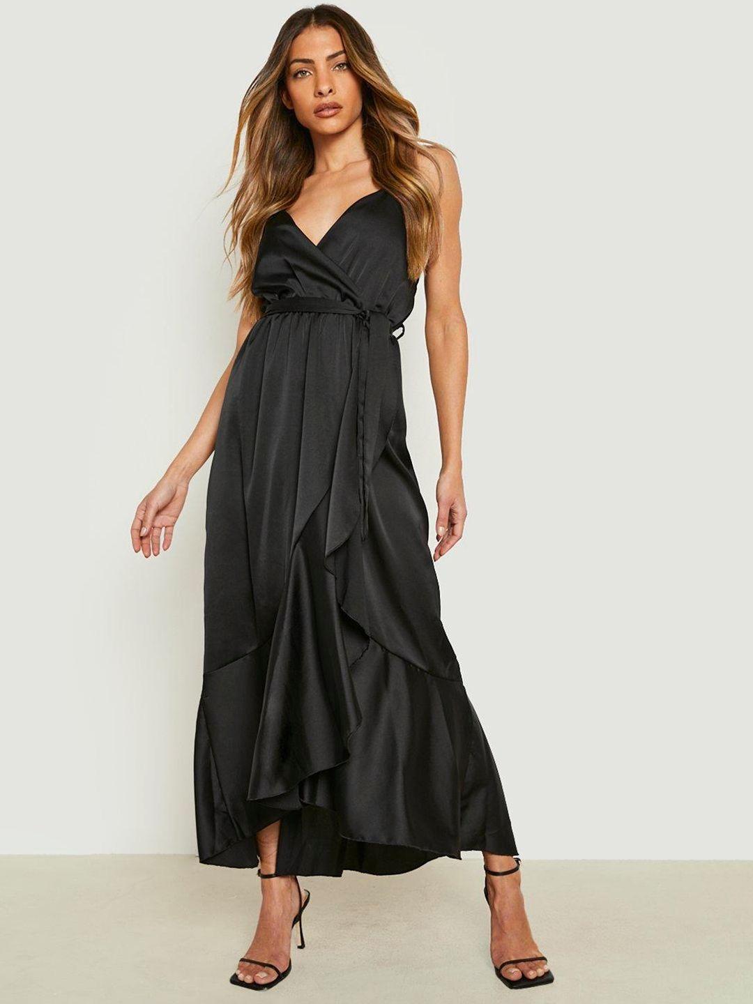 boohoo black satin wrap tie-up maxi dress