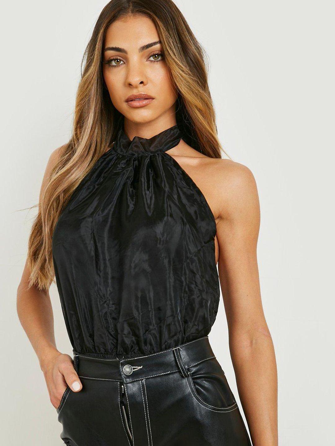 boohoo black halter neck styled back bodysuit