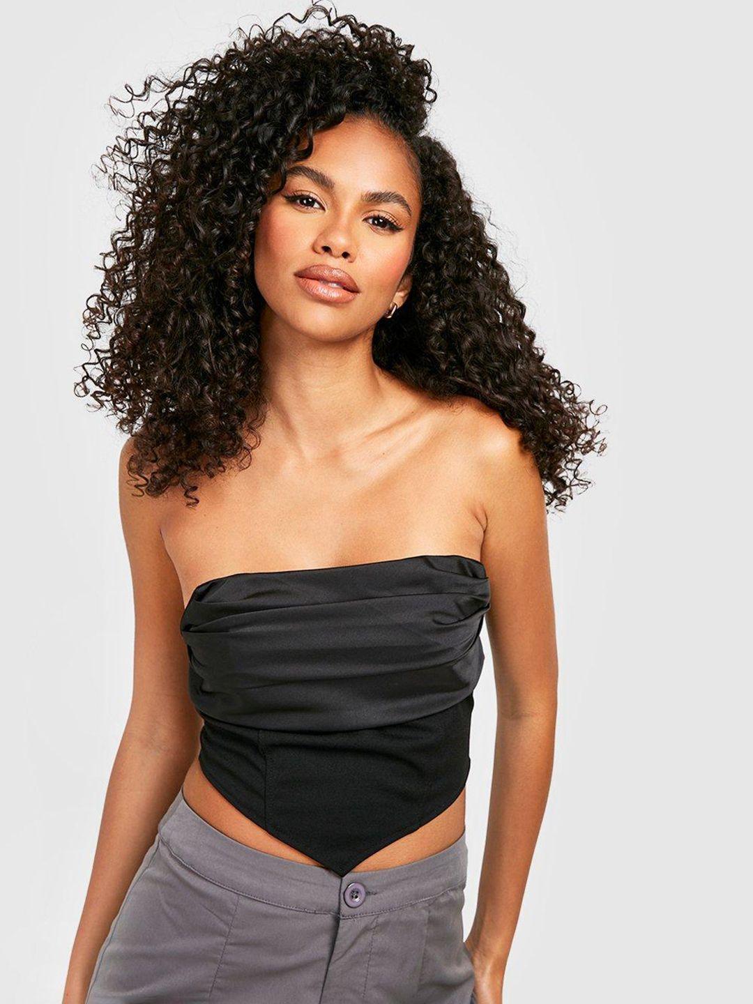 boohoo black satin off-shoulder bardot crop top