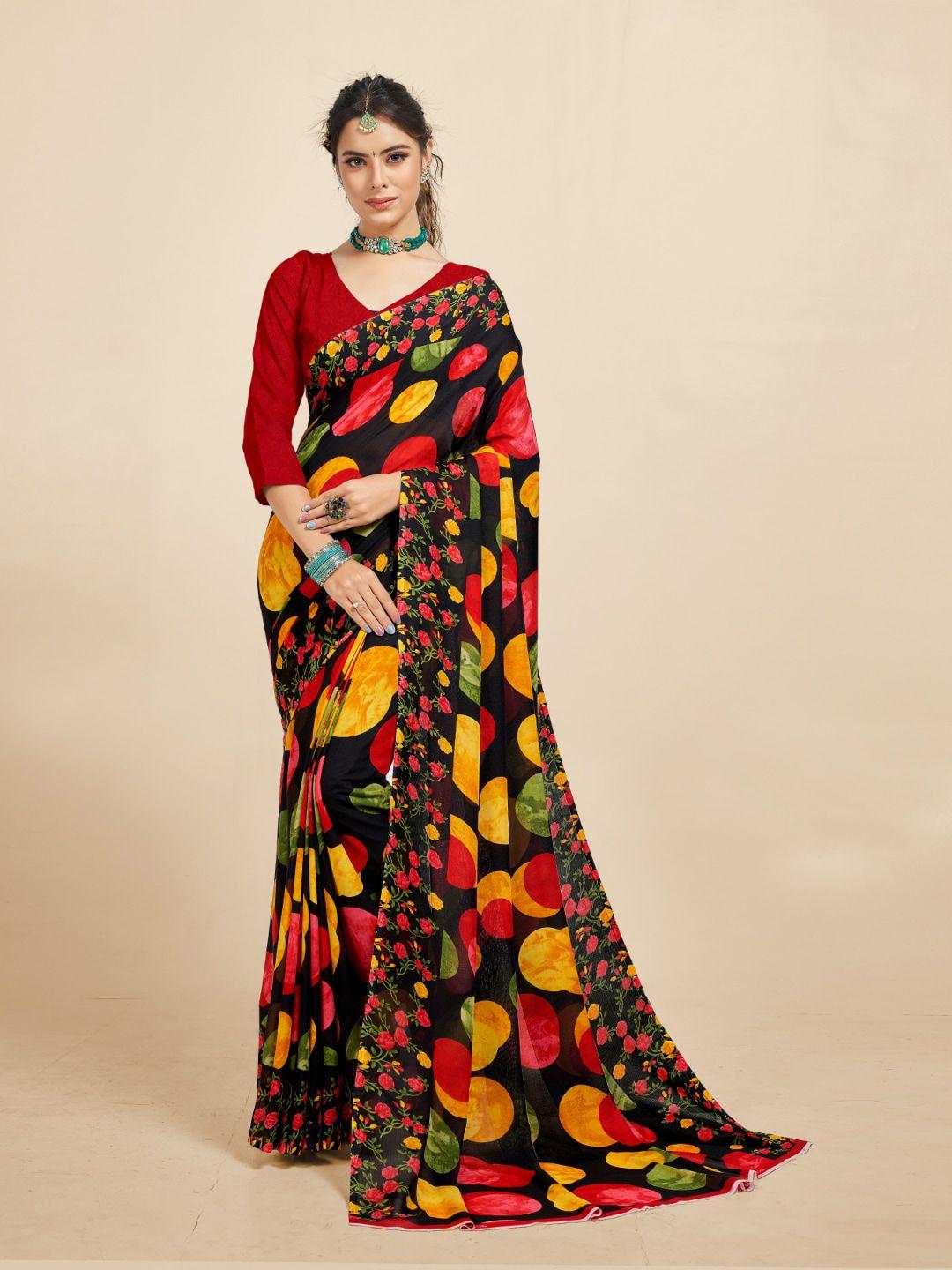 ambuja international black & red geometric printed saree