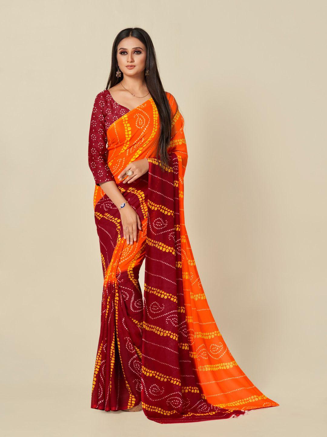 ambuja international orange & yellow bandhani printed saree