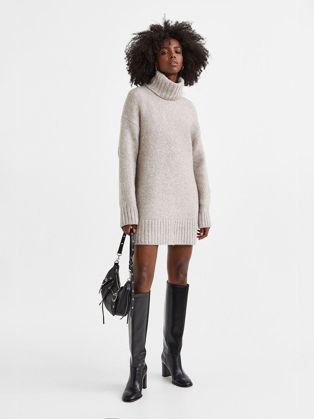 h&m beige knitted polo-neck dress