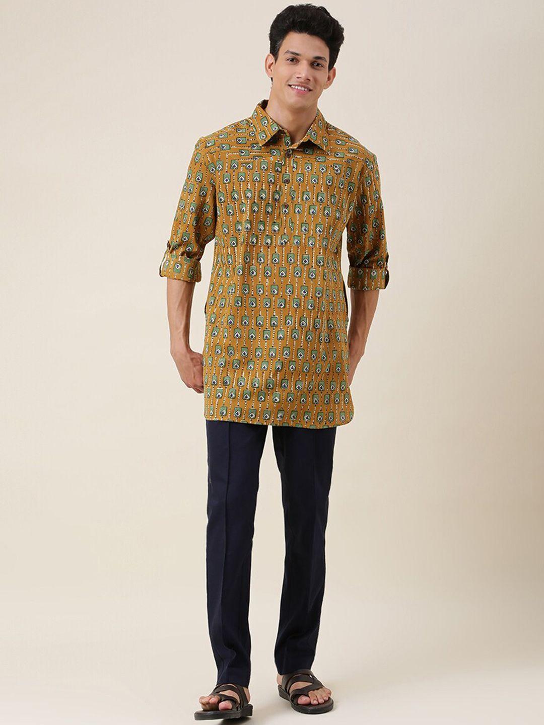 fabindia men yellow printed pure cotton kurta with trousers