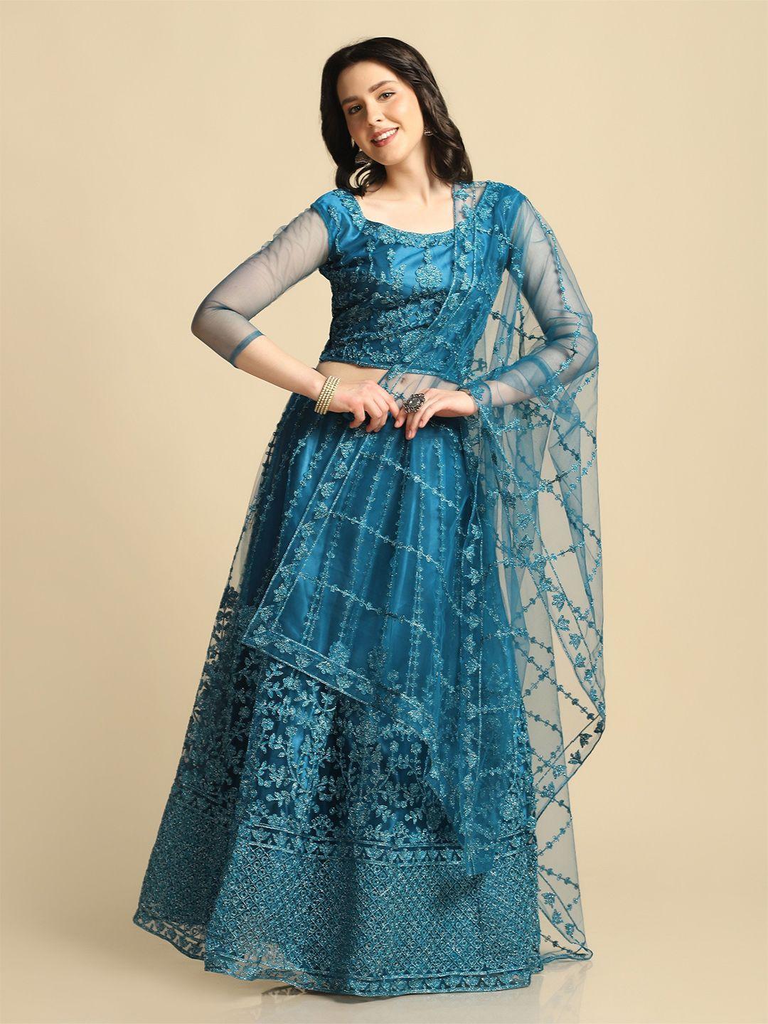 warthy ent turquoise blue embroidered semi-stitched lehenga & unstitched blouse &dupatta