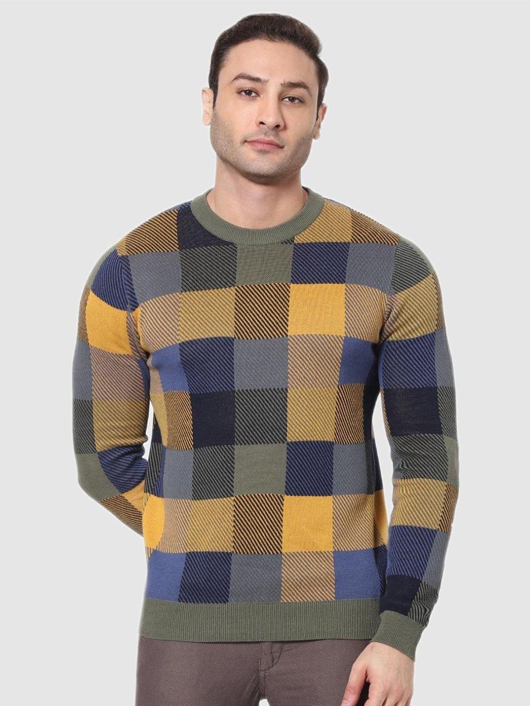 celio men yellow & blue checked cotton pullover