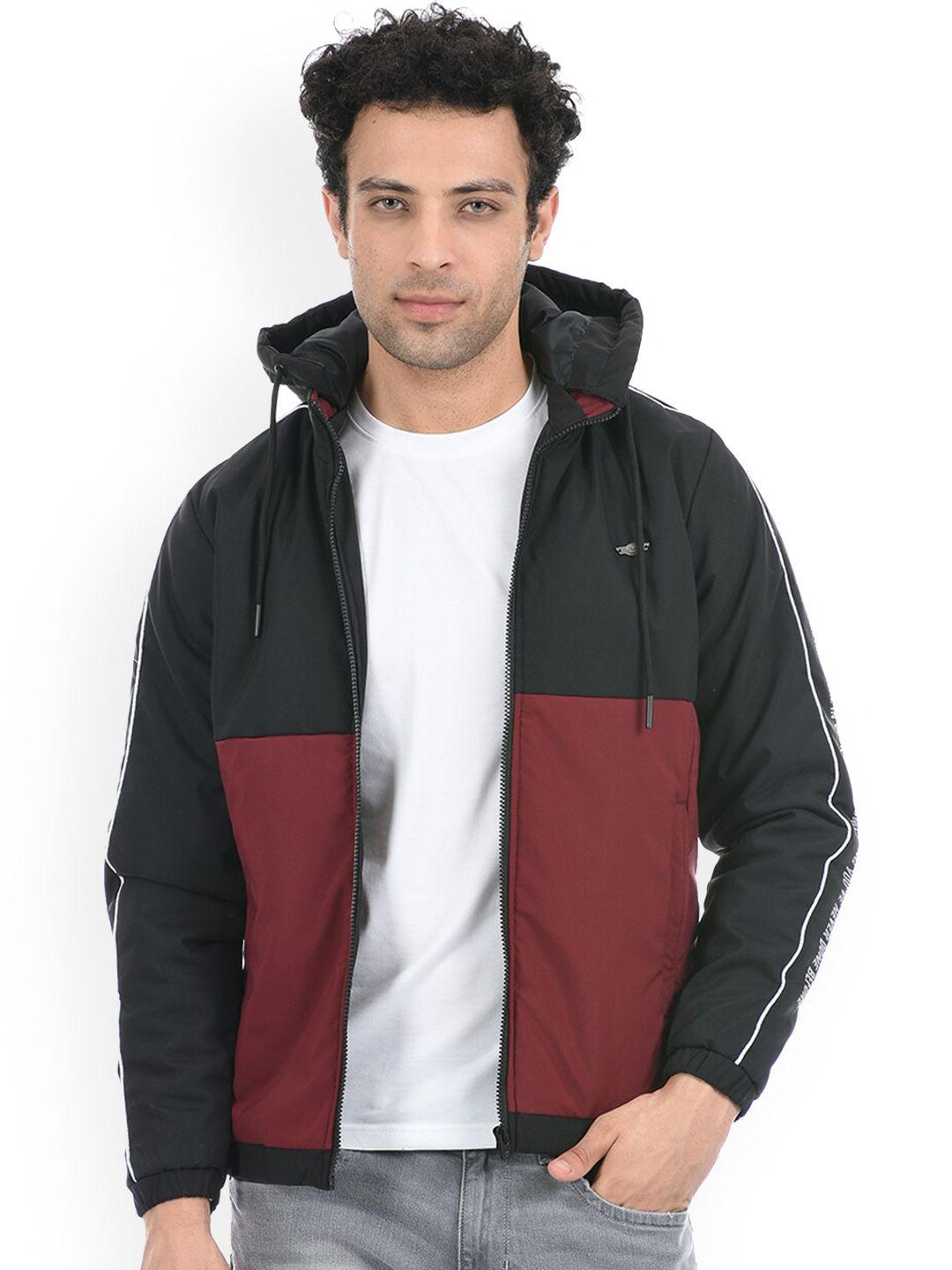 cloak & decker by monte carlo men black & burgundy colourblocked hooded bomber jacket