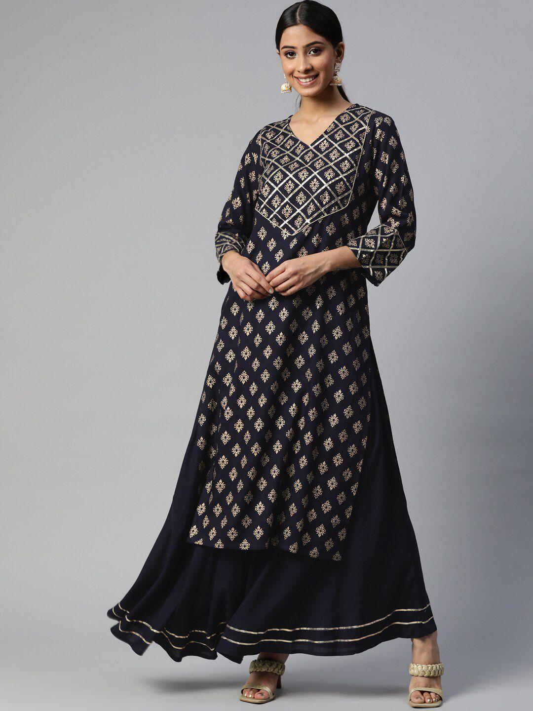 saart bunaai women navy blue ethnic motifs printed gotta patti kurta with skirt